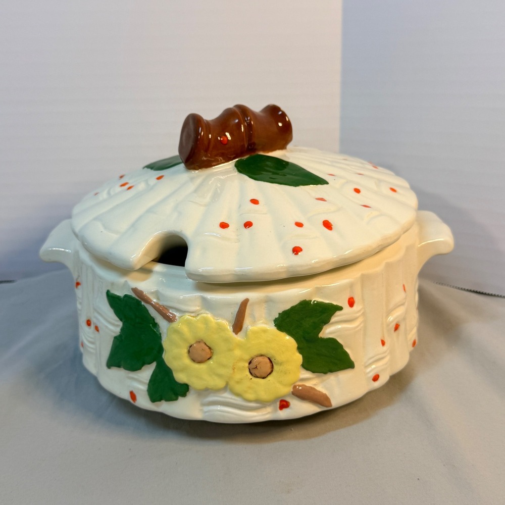 Vintage Ceramic Soup Tureen with Lid Yellow Floral Hand Painted Farmhouse
